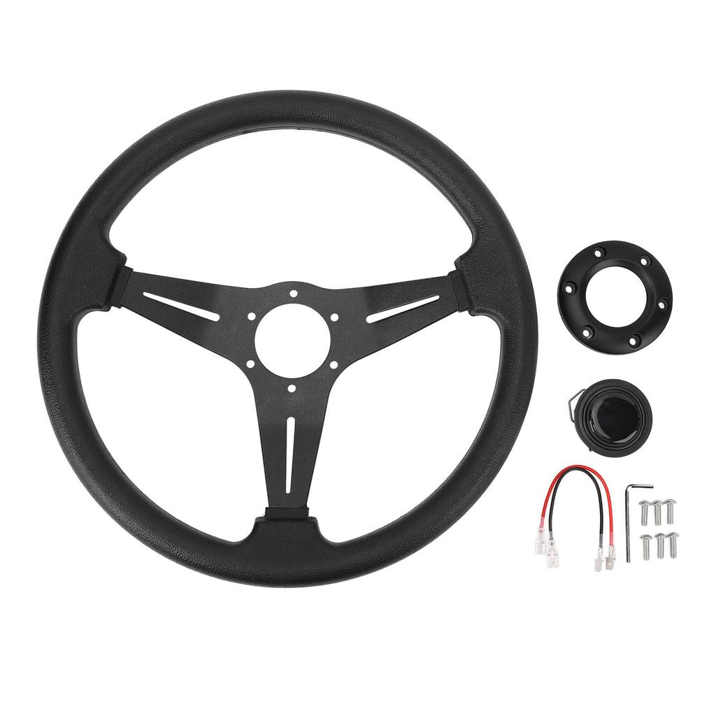 Car Steering Wheel Racing Style PU Leather 14in Universal Fit for 6 Hole Steering Wheel Hub Adapter Black
