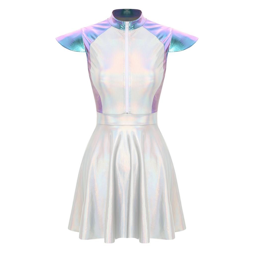 Womens Halloween Alien Cosplay Costume Outer Space Cutie Cap Sleeve A Line Dress Glittering Dress Up Party Costume