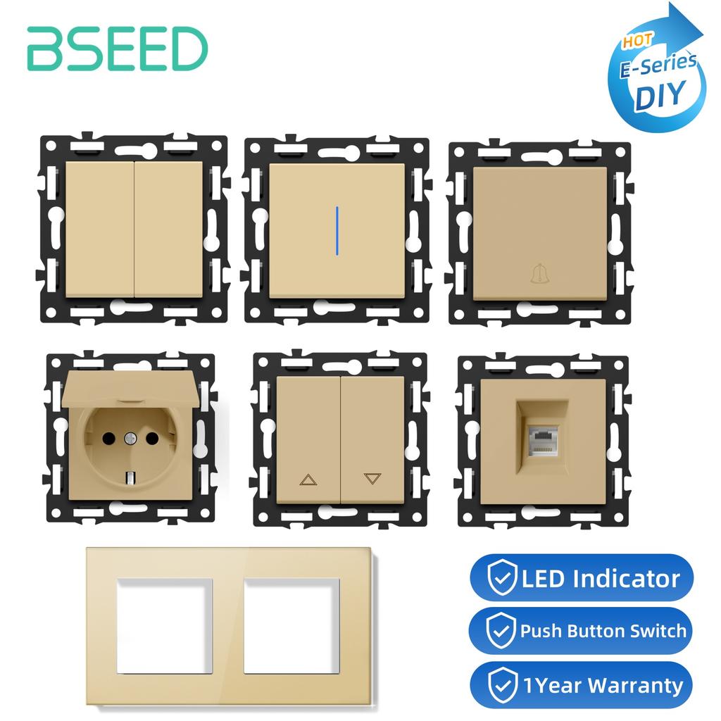BSEED Button Switch DIY Modules Light Switch Parts Gold Glass Frame DIY Combination Wall Sockets CAT6 USB-C Charge Key E-Series
