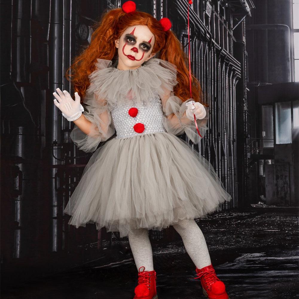 Halloween Gray Joker Girls Costume Tutu Dress Creepy Clown Kids Carnival Party Cosplay Clothing Children Tulle Fancy Dress Christmas