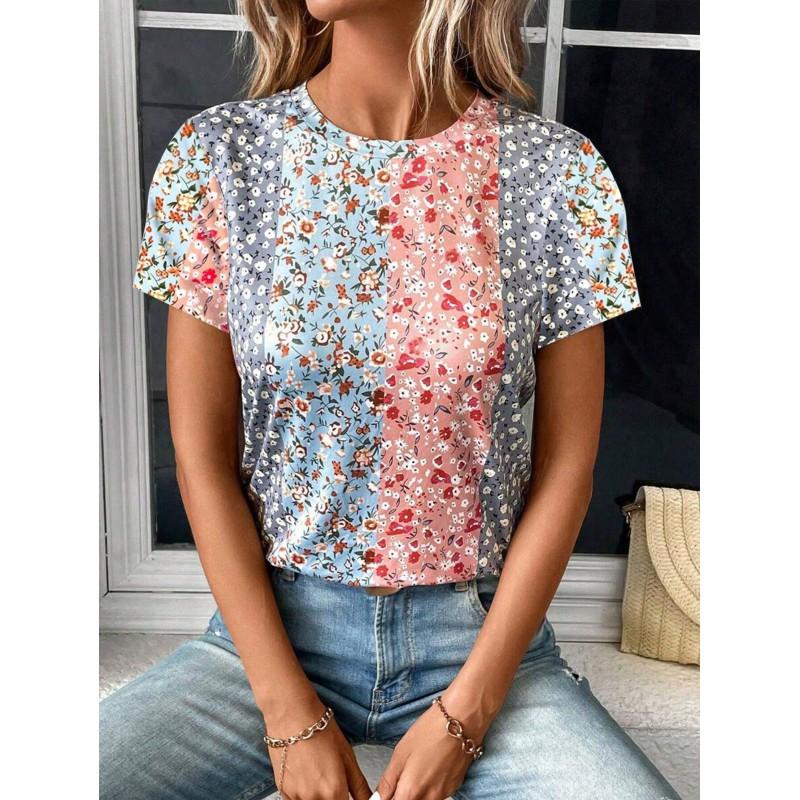 Womens Casual Short Sleeve Round Neck T-Shirt With Striped Print Loose Fit Milk Silk Blend Comfortable 2025