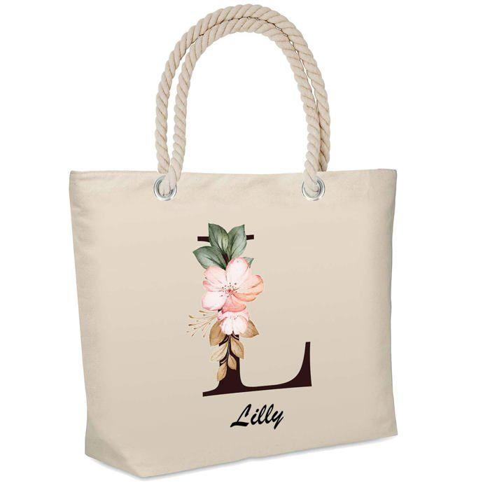 Sac de plage - PLANETEE - isotherme Lilly Lettre Fleur - Coton - Grande contenance - Imprimé en France