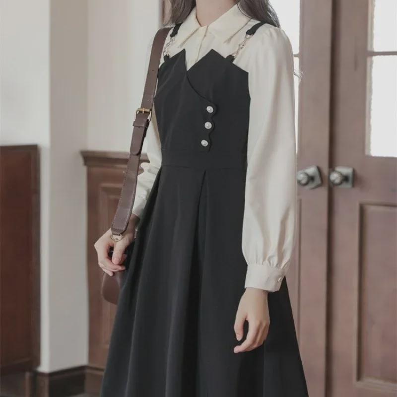 Платье-двойка больших размеров во французском стиле для женщин - длинный рукав, утягивающая талия, А-силуэт, осенняя мода