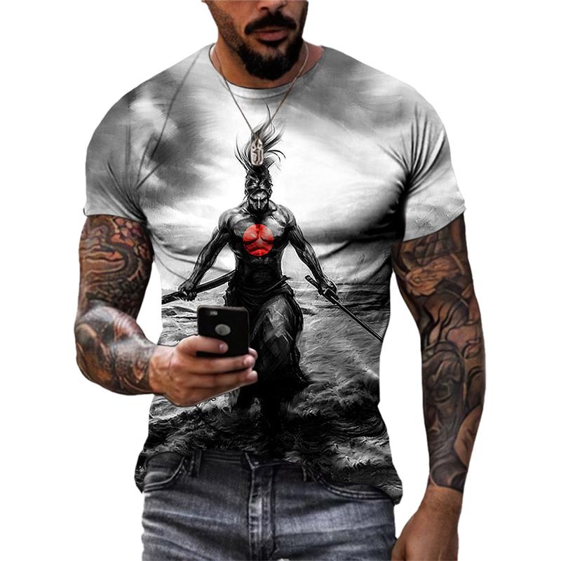 Personality Men's Samurai Pattern Print T-shirt Hip-hop Trend Fashion Round Neck Tops Summer New Street Casual Short-sleeve Tees