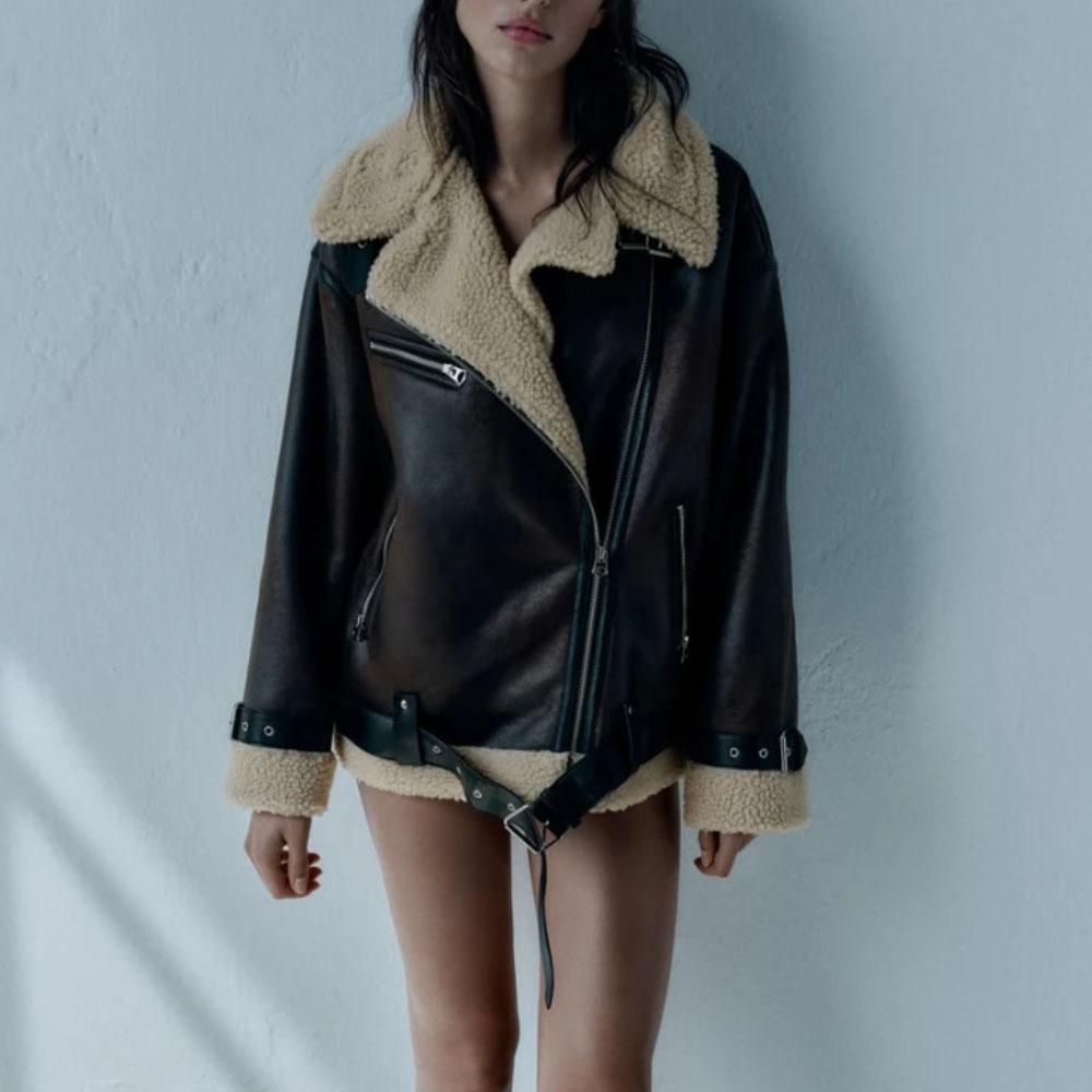 Autumn Winter Women's Faux Leather Double Faced Jacket Lapel Long Sleeves Faux Shearling Lining Thickened Warm Jacket Coat