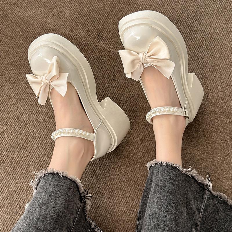 Французские туфли Мэри Джейн из кожи, женские весенние туфли на платформе с бантом и юбкой, толстый каблук, одинарные туфли на высоком каблуке