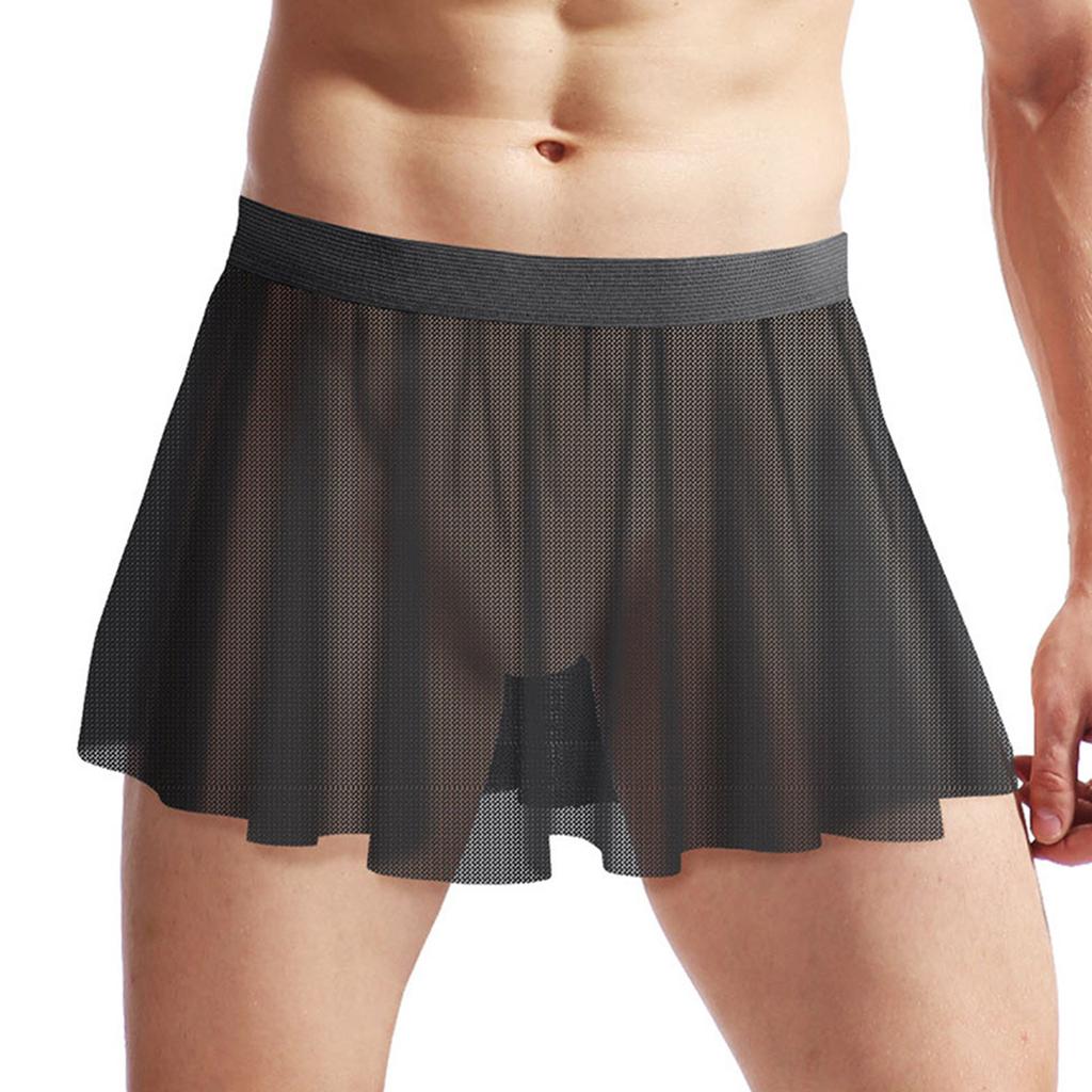 Mens See Through Mesh Ruffled Skirt Elastic Waistband Sheer Miniskirt Cross Dresser Costume