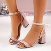 Fashion Summer Chunky Sandals Women's Fashion Square Head Fabric Butterfly Knot Beaded Metal Buckle Non-slip Wear-resistant High Heels
