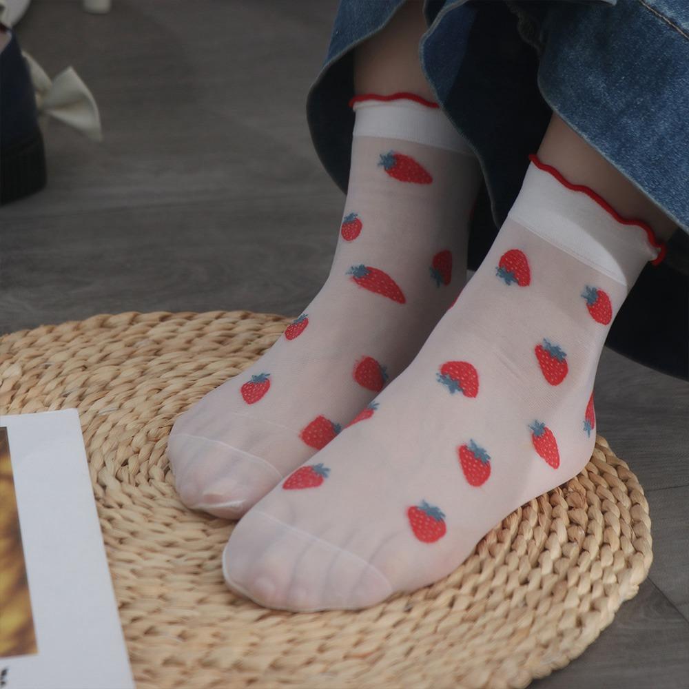 Авокадо Прозрачные носки с оборками и цветочным принтом Вишня Фрукты Тюль Сетчатые носки средней длины JK