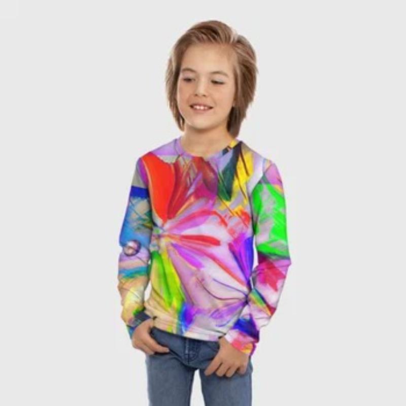 Children's Tie Dye Cartoon Kitten Print T-shirt Boys Cute Long Sleeved Soft Comfortable Top