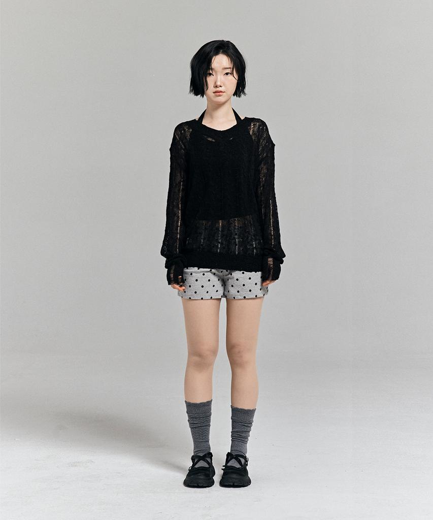 AWESOME STUDIO Distressed See-Through Long Sleeve Knit Black