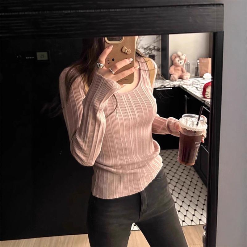 Универсальная простая однотонная вязаная облегающая тонкая футболка с длинным рукавом женская новинка начала осени приятная к коже базовая рубашка топ