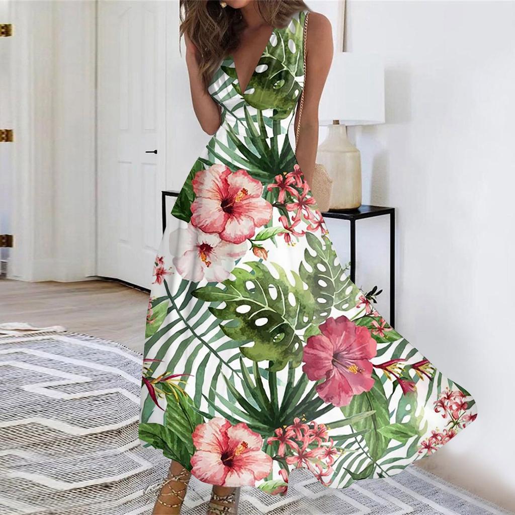 Women's Summer Fashion Hawaiian Print V-Neck Sleeveless Tunic Casual Dresses