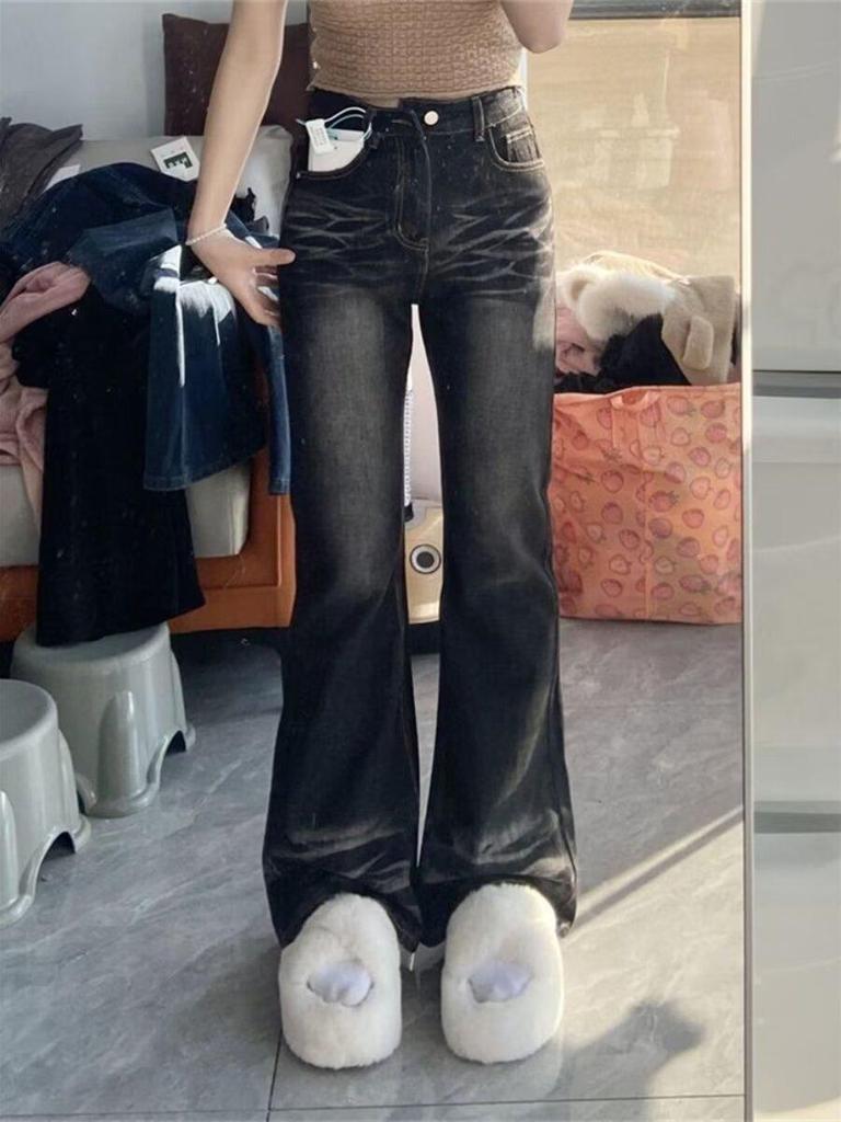 Женские узкие расклешенные джинсы с высокой талией, ретро-стиль черного и серого цвета — американский стиль для весны и осени