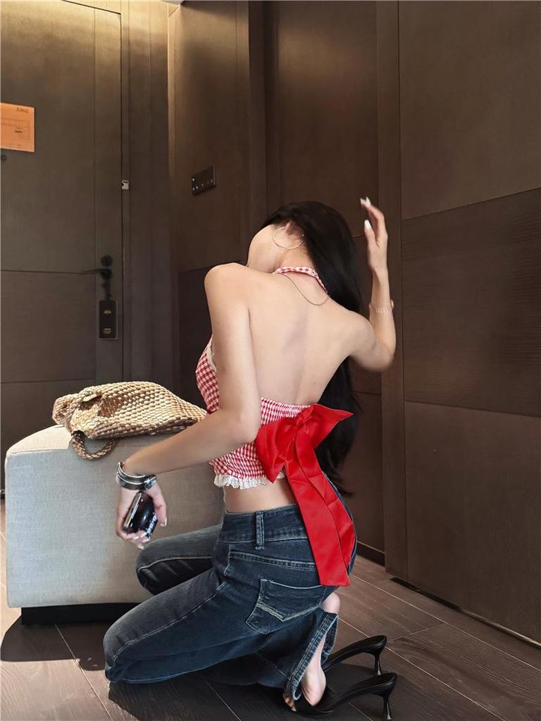 Чистый и Сексуальный Красный Клетчатый Кружевной Топ-Холтер - Женская Летняя Майка