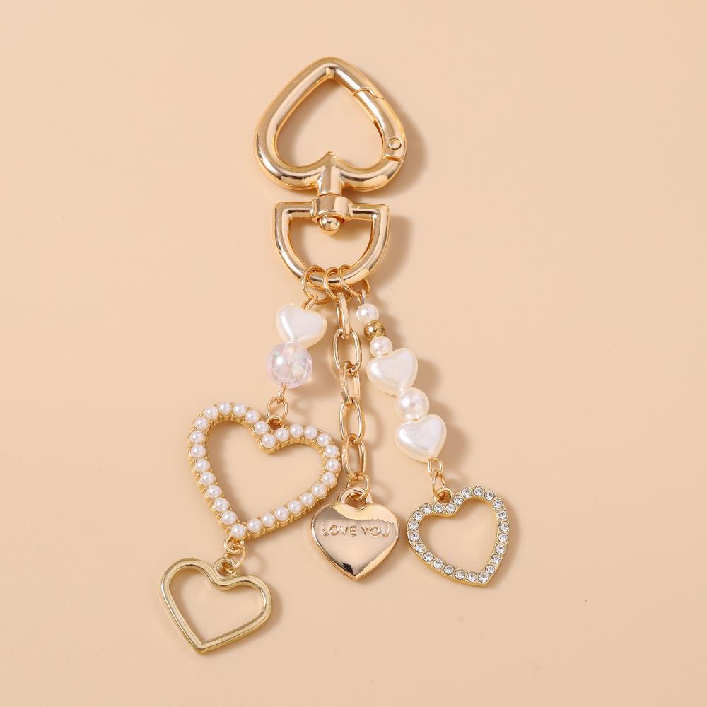 Cute Bowknot Love Heart Keychain Women Girl Pearl Beaded Key Ring Pendants for Handbag Decor DIY Handmade Key Chain Gift