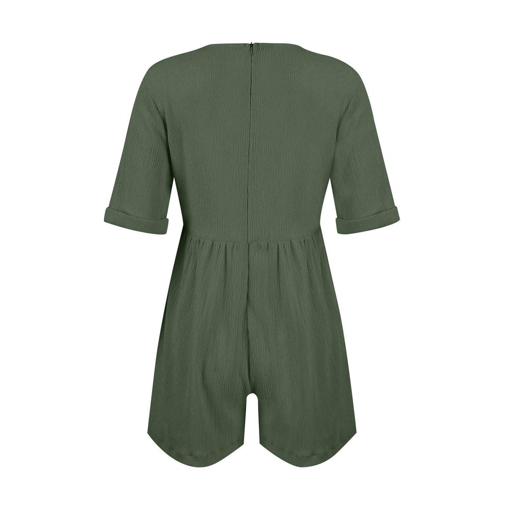 Women's Casual V-Neck Short Sleeve With Pockets Comfort Jumpsuit Shorts