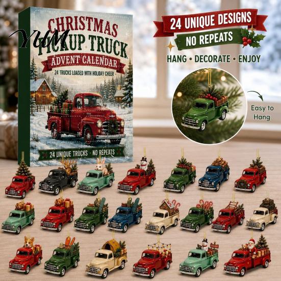 Holiday Collectible Toys Vintage Truck Advent Calendar, 24 Day Christmas Countdown Set with Retro Interactive Toy Pickup Ornaments, 2D Acrylic Hanging