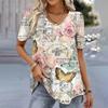 New Floral Print T-Shirt for Women Summer V-Neck Pullover Tops Female Oversized Short Sleeve Tees Fashion Basic Ladies Clothing