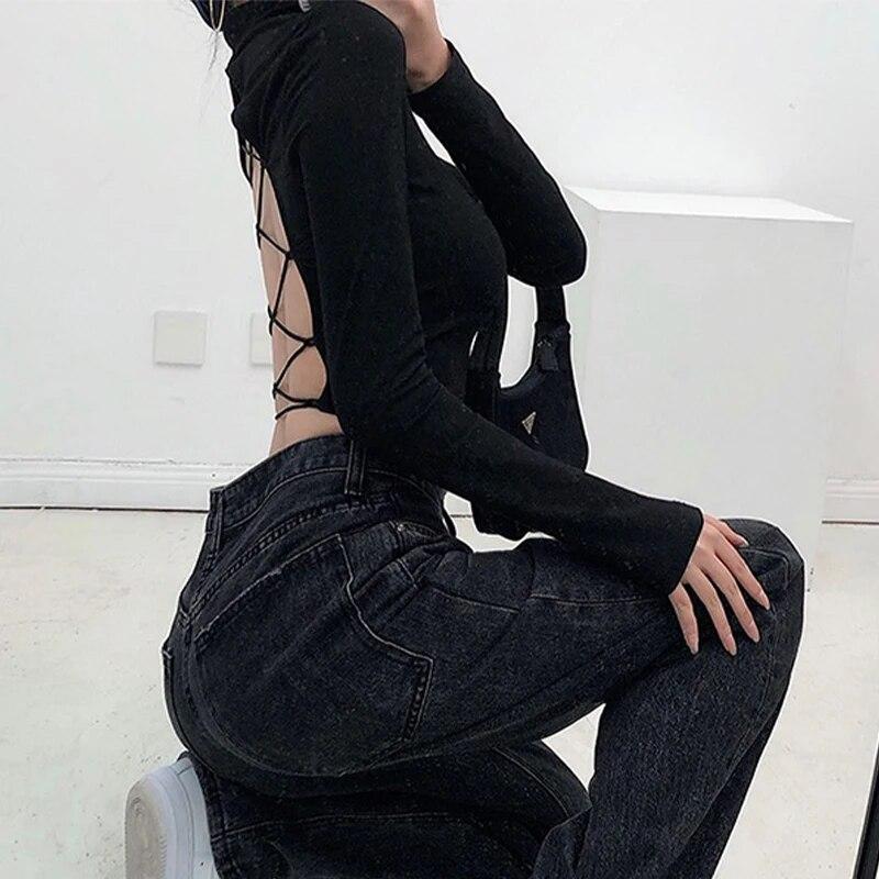 Женская сексуальная футболка в стиле Харадзюку с открытой спиной, топ с длинными рукавами, укороченный летний топ, черная одежда, винтажная полая футболка, уличная одежда