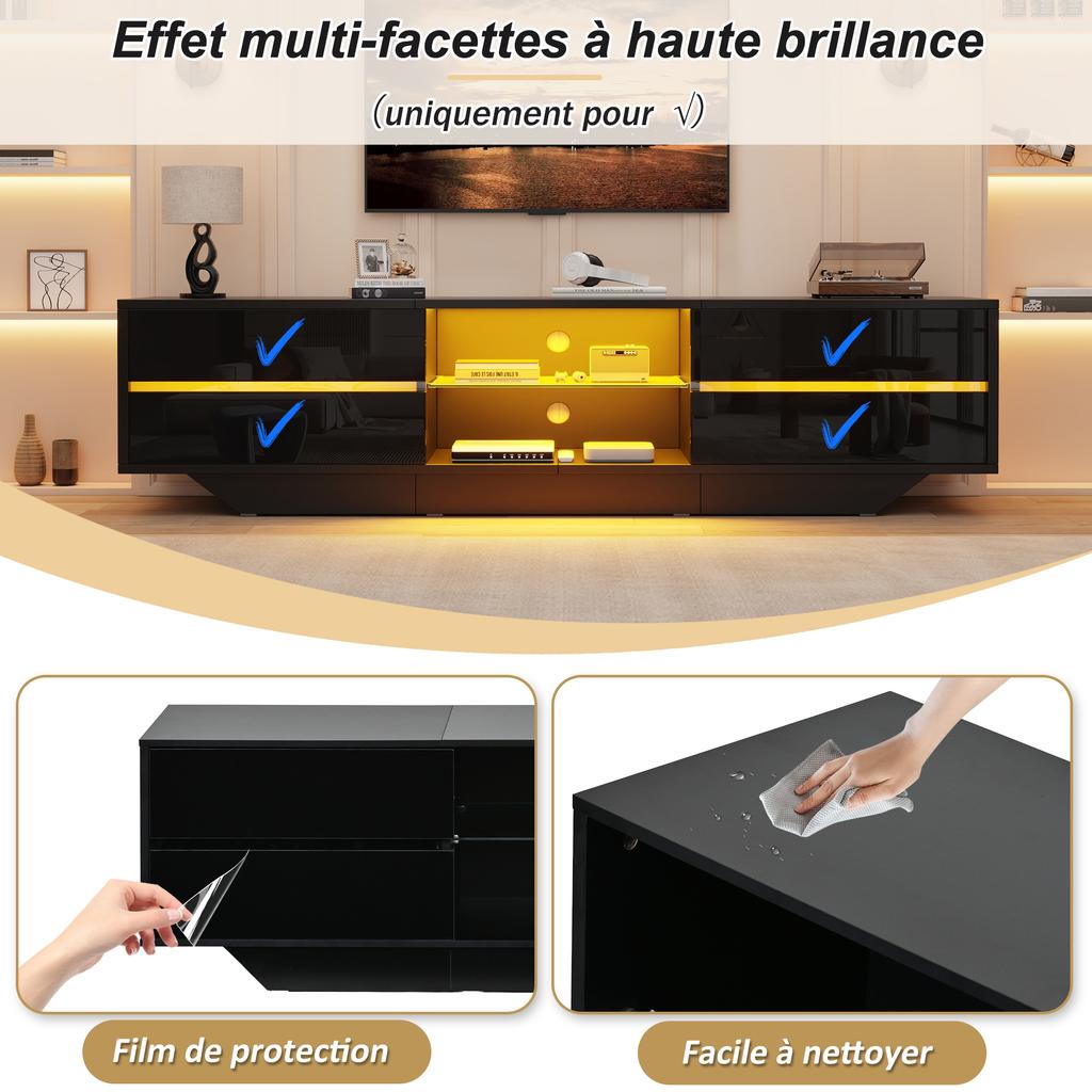 160*35*44.5cm Floor-standing TV cabinet, lowboard, 2 doors, high-gloss, LED lights, TV board, suitable for 65-inch TVs, black