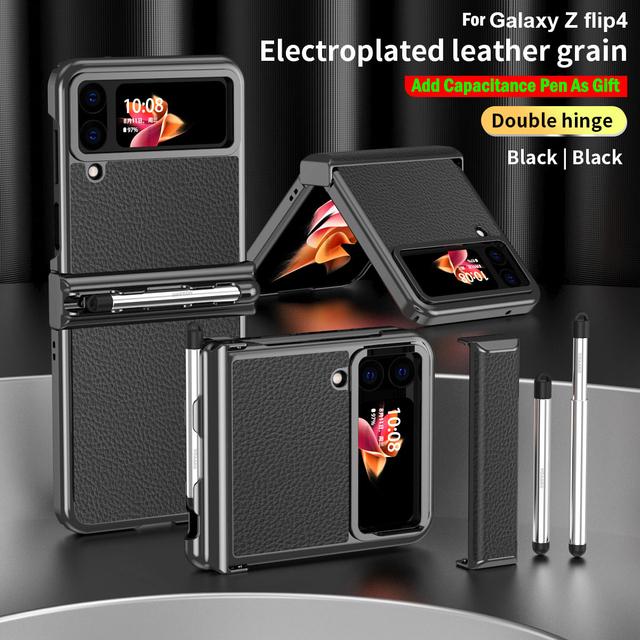 For Samsung Z Flip 4 Case Dual Hinge With Pen Slot Plating Leather Cover For Galaxy Z Flip 4 Hinge Case +Capacitance Touch Pen