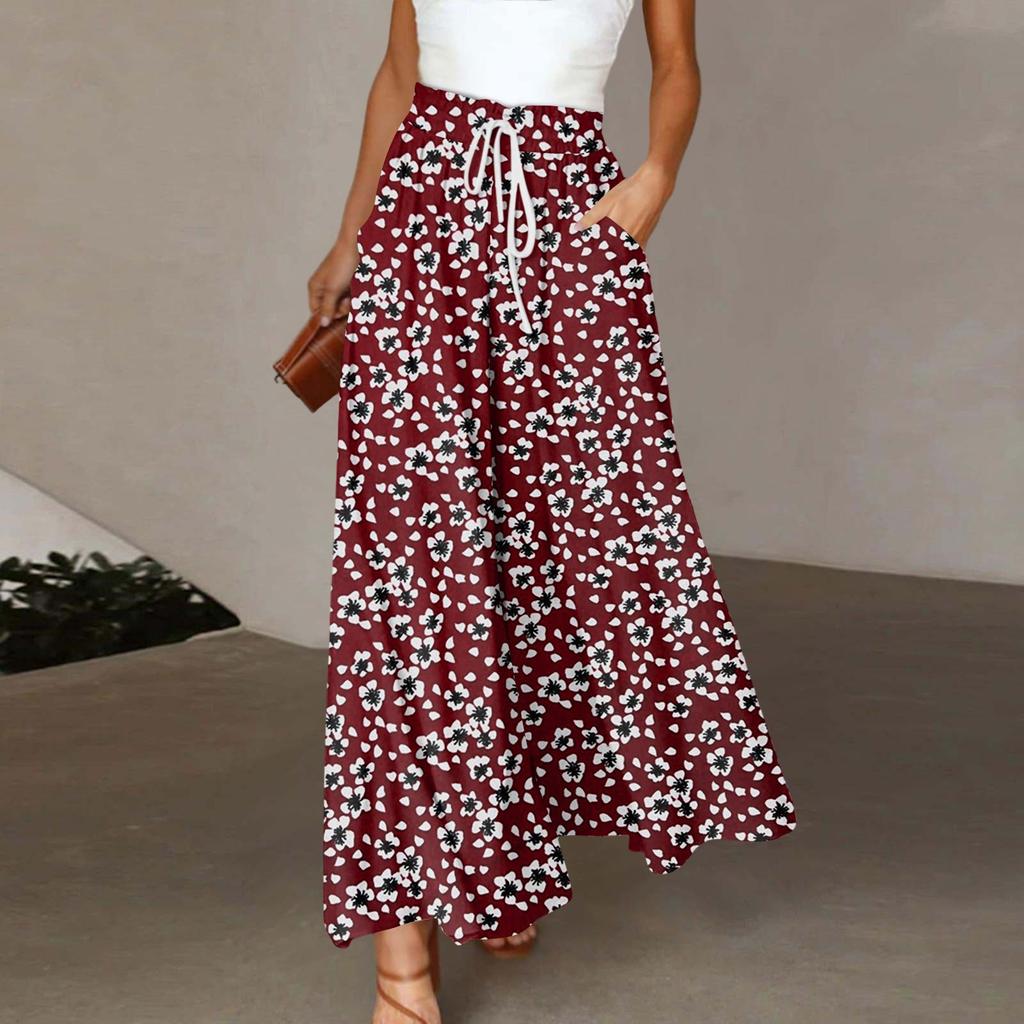 Женские широкие брюки с высокой талией, летние повседневные свободные брюки с карманами, пляжные брюки с принтом