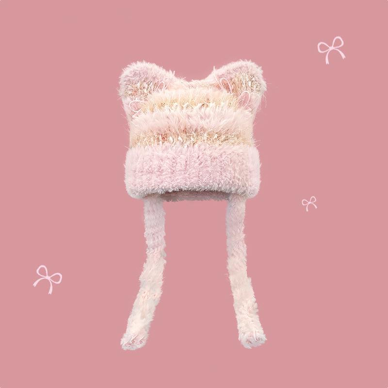 Шапка женская новая осенне-зимняя милая плюшевая шапка с кошачьими ушками теплая защита ушей большой обхват головы тренд