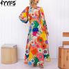 Women's Fashion Spring Fall Flower Pattern Print Long Sleeve O-Neck High Waist Casual Dresses
