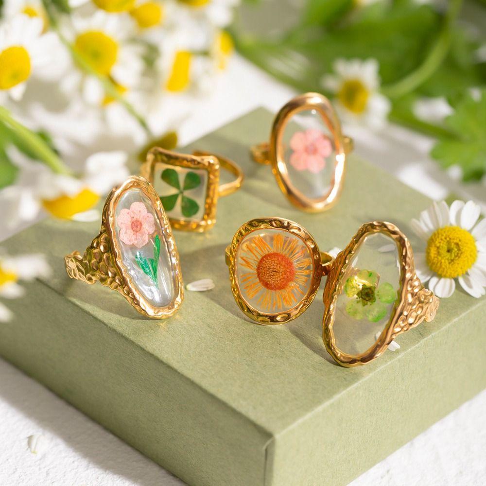 Stainless Steel Flower Opening Ring Light Cozy Minimalist Polygonal Ring Jewelry Accessories