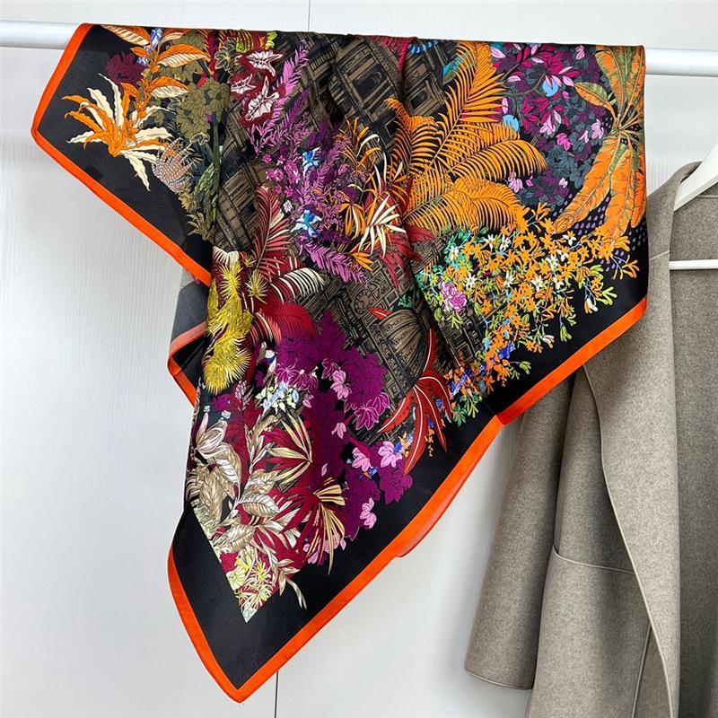 88*88cm 100% Mulberry Silk Retro Floral Garden Oil Painting Pattern Square Scarf Thin Sunblock Beach Towel Shawl Neckerchief