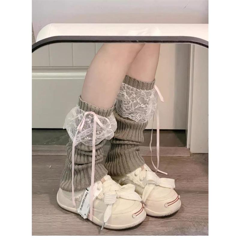 Ladies Autumn New Warm Thermal Storage Lace Knitted Ribbon Bow In The Tube Pile Stocking