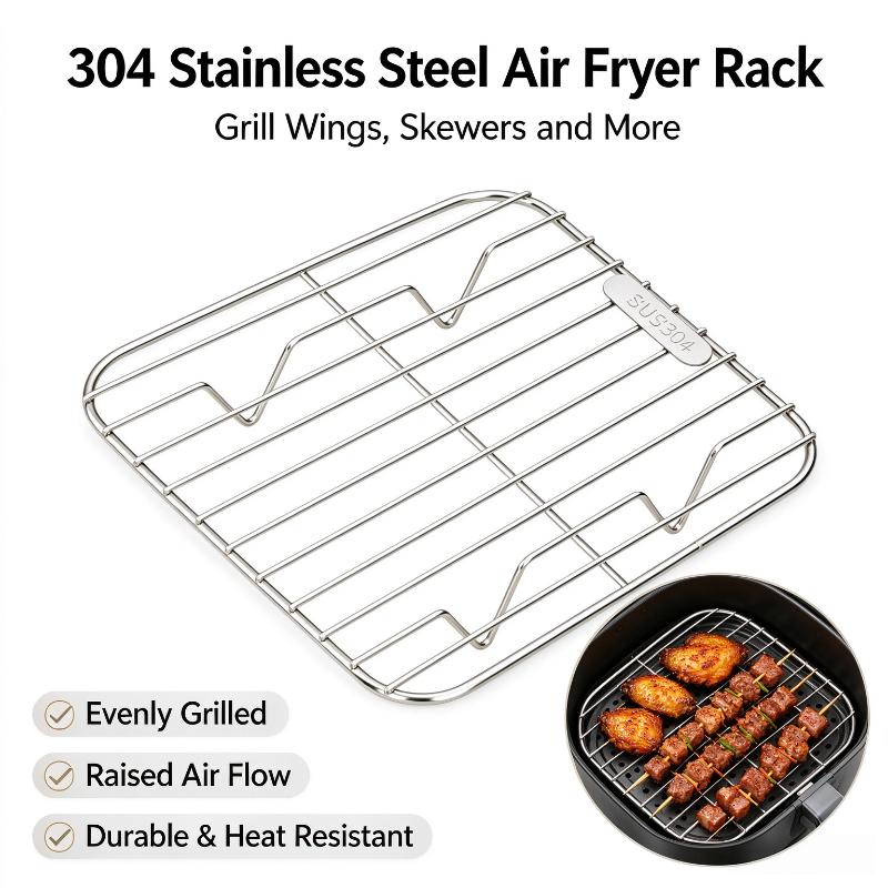 Food Safe 304 Stainless Steel Square Air Fryer Rack Thickened Grilling Stand for Oven Steamer Baking Roasting Daily Use