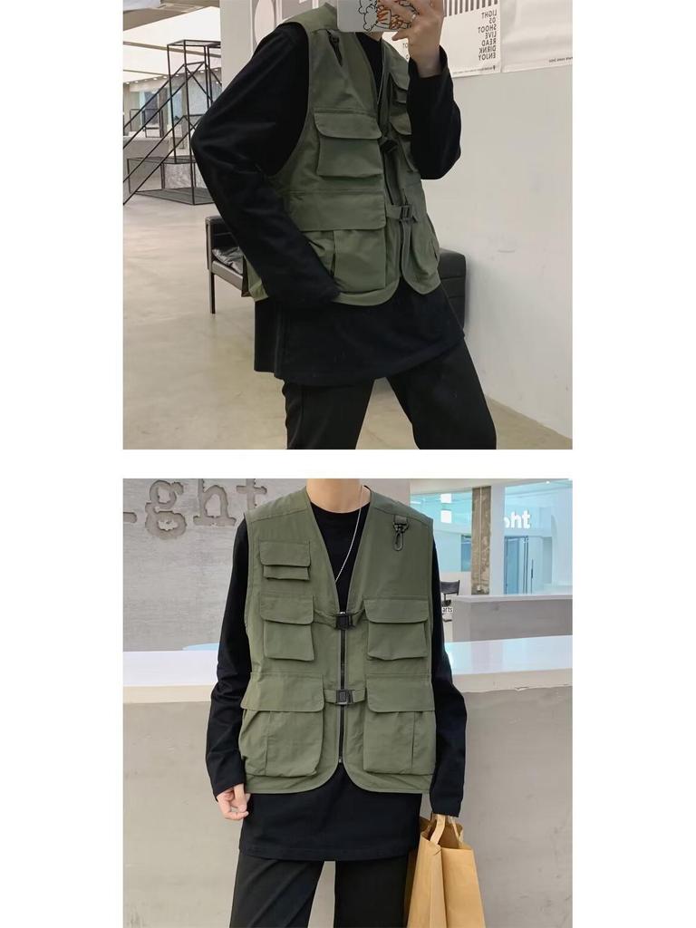 Мужской ретро японский уличный стиль жилет рабочей одежды с несколькими карманами, повседневный свободный крой, без рукавов, стиль национальной волны.