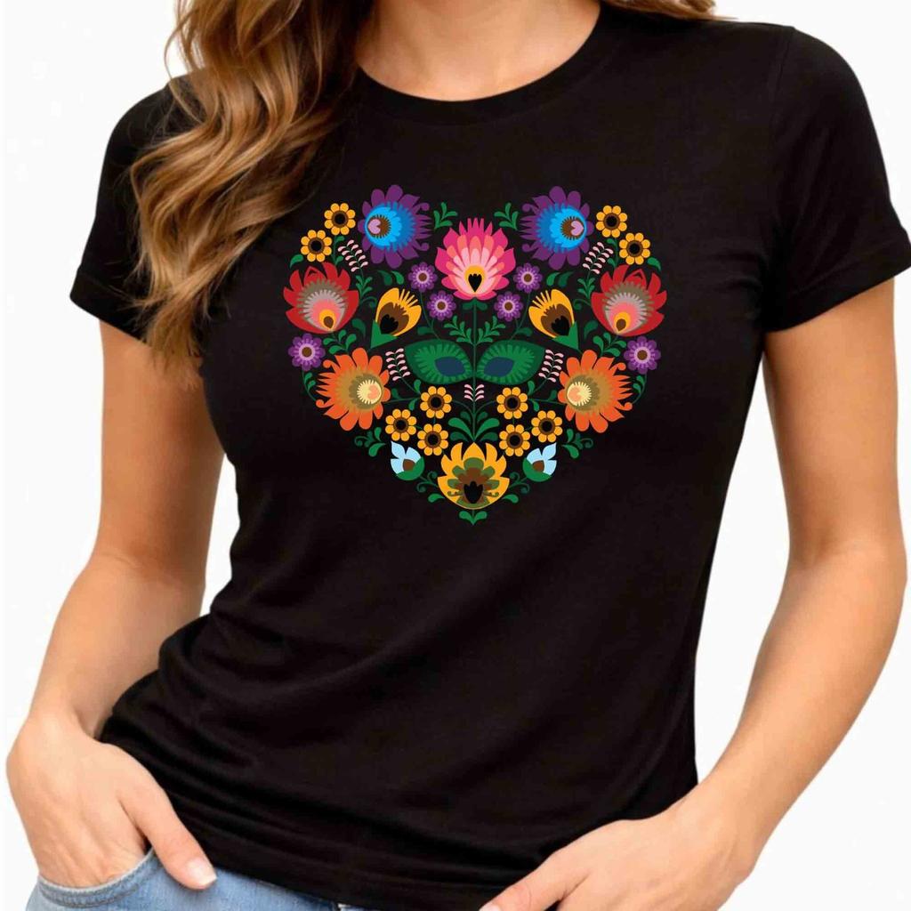 Polish Folk Floral Heart Wycinanki Folk Art Colorful Vintage Graphic T-Shirt.