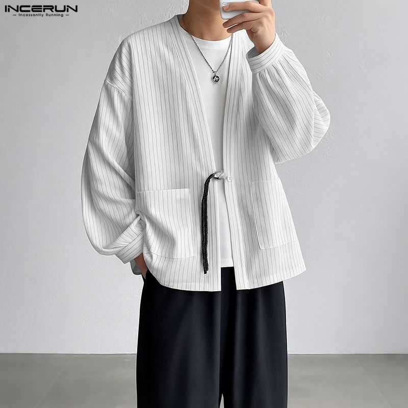 INCERUN S-5XL Men Long Sleeve Striped Open Front Cardigan Kimono Tops