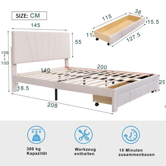 140x200cm Velvet Fabric Solid Wood Bed with Backrest Large Drawer Ergonomic Design Strong Wood Slat Support Bed Home Furniture