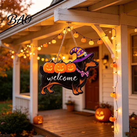 Wooden Hanging Decor Halloween Ghost Welcome Door Hanger, Cute Sign with Witch Hat & Pumpkin Rustic Wood Elements, Fall Indoor Outdoor Wall
