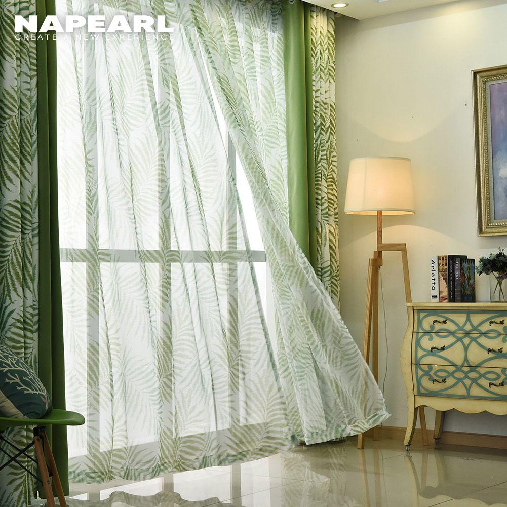 1PC Summer Curtains Green Curtain Printed Leaves Blackout for Seaview Room French Window NAPEARL