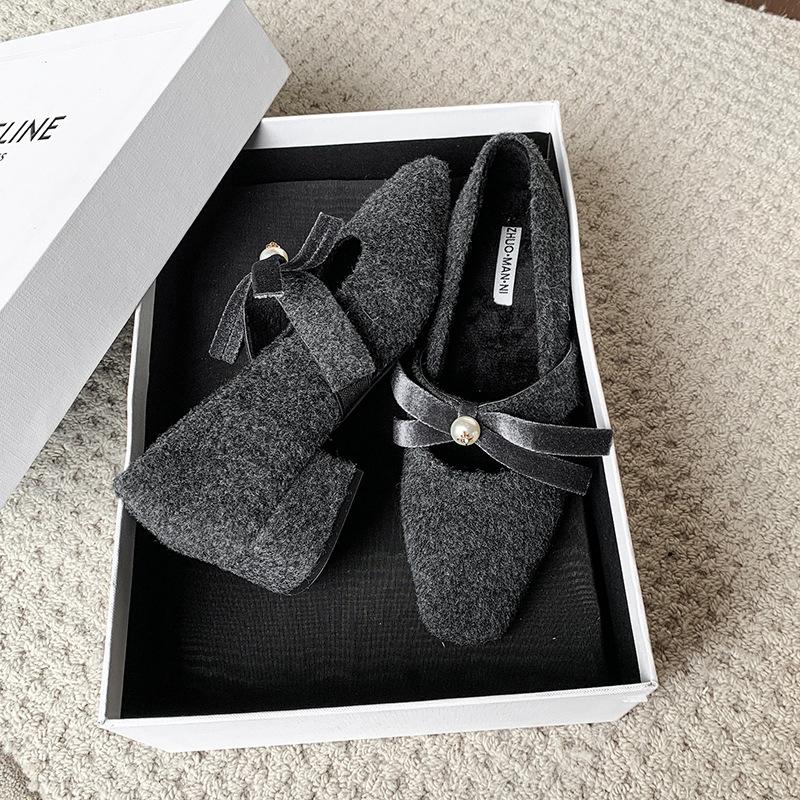 Серые туфли-лодочки с бантом, женские зимние туфли с волосами, модная верхняя одежда, нежный стиль феи, толстый каблук, туфли Мэри Джейн