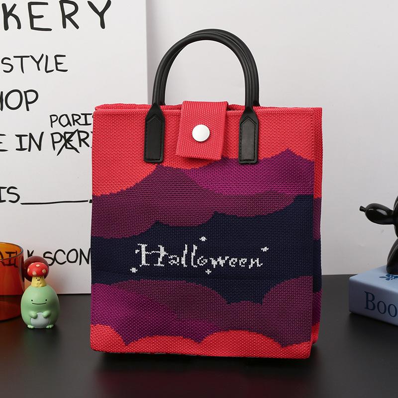 Halloween Themed Knitted Handbag Cartoon Ghost Pumpkin Print Shoulder Crossbody Bag Women Casual Phone Pouch Halloween Gift Bag