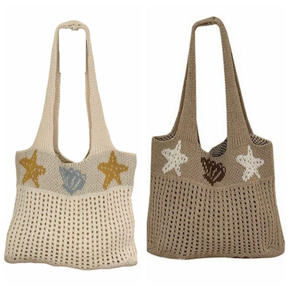 Sweet Starfish Knitted Tote Bag Woolen Shell Crochet Handbag Large Capacity Korean Style Hollow Shoulder Bag Beach