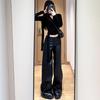 Plus Size High Waist PU Leather Flare Pants for Women - Autumn Relaxed Fit, Slimming Drape, Long Wide-Leg Style.