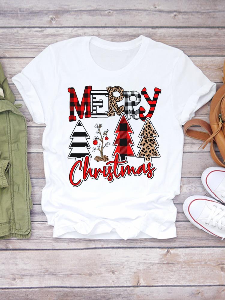 Printed Lady Clothing Fashion Christmas Women Plaid Truck Tree Trend 90s Short Sleeve TShirts New Year Graphic T Top Tee