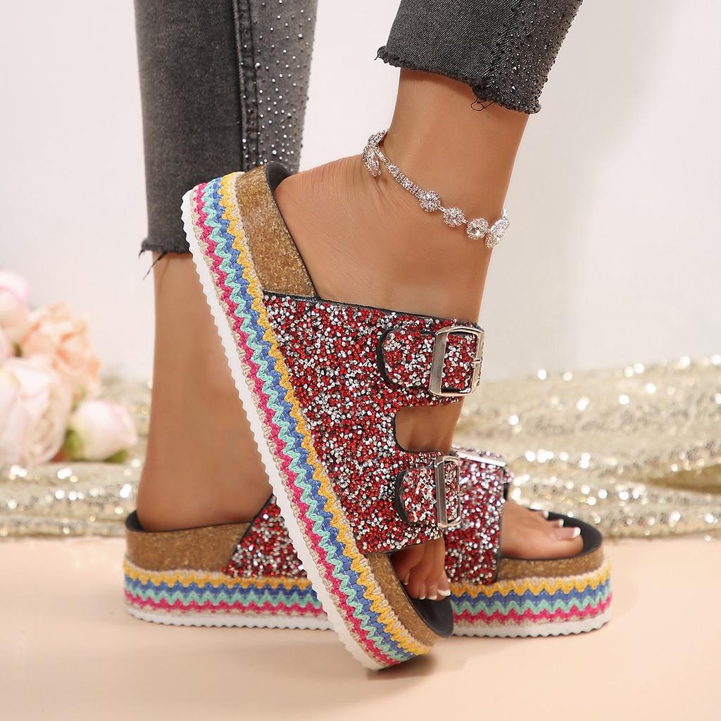 2025 Foreign Trade Slippers Fashionable Rhinestone Double Buckle One Pedal Platform Women's Beach Sandals Large Size