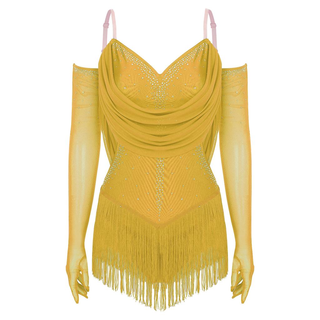 Womens Sparkling Tassel Dancewear Mesh Draped Leotard Rhinestone Fringed Bodysuit Adjustable Strap Gymnastics Outfit