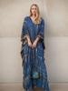 Sexy Boho Blue Striped Printed Plus Size V-neck Side Split Kaftan House Dress 2024 Women's Summer Beach Cover-ups Loose Robe Q1218
