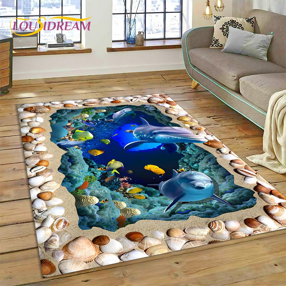 3D иллюзия подводного мира, морское дно, акула, дельфин, мультяшный ковер для декора гостиной, спальни, нескользящий коврик для дивана, детский коврик