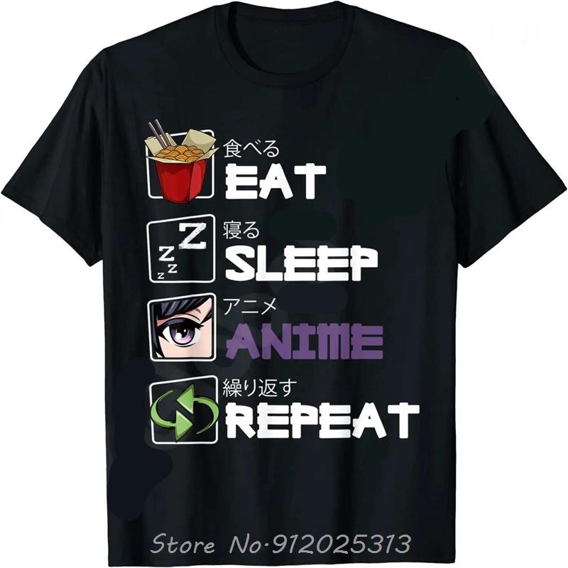 Fitness Tshirt Eat Sleep Anime Repeat Tshirt Anime Unisexga T Shirts Funny Summer Cotton Casual Tees Black Round Neck Tops