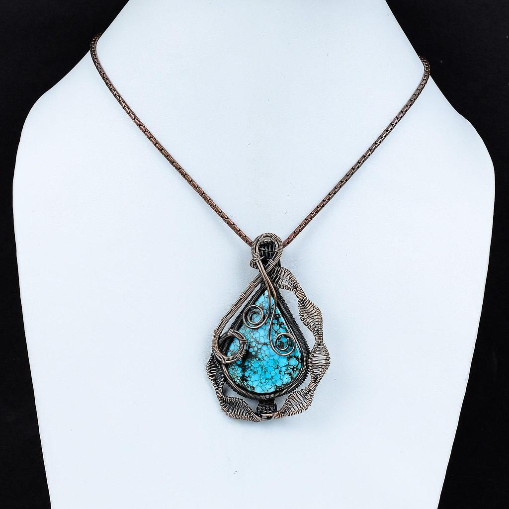 Tibetan Turquoise Gemstone Copper Wire Wrap Handmade Pendant Jewelry Gift For Her